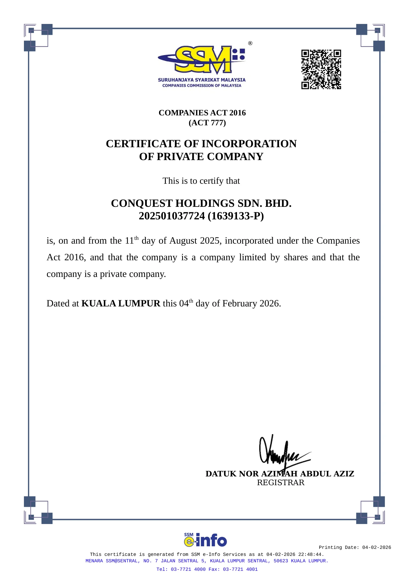 Certificate of Incorporation of Conquest Holdings Sdn. Bhd., issued by the Companies Commission of Malaysia