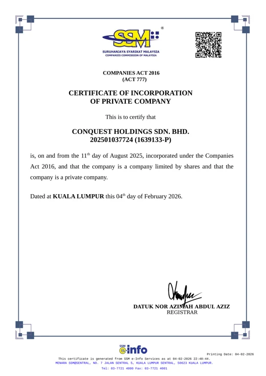 Certificate of Incorporation of Conquest Holdings Sdn. Bhd., issued by the Companies Commission of Malaysia