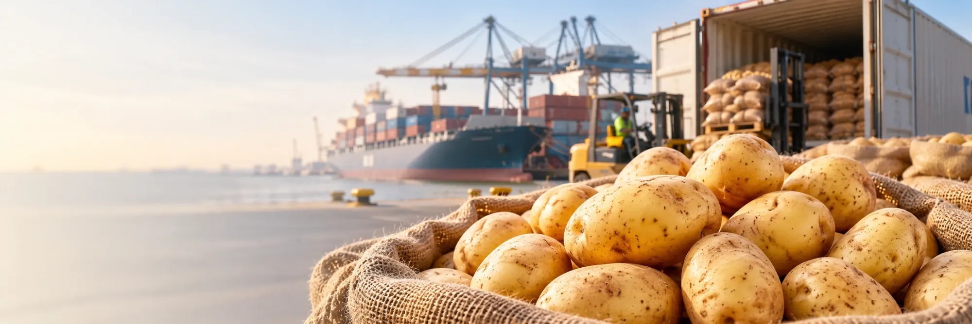 Sacks of fresh potatoes at a port, with a container ship and a container being loaded behind